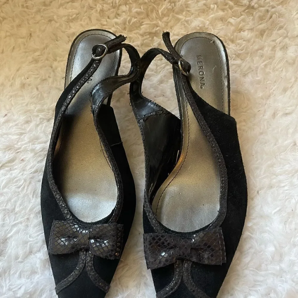 Merona Leather Suede Black with fabric bow and trim sling back3”heels shoes SZ10